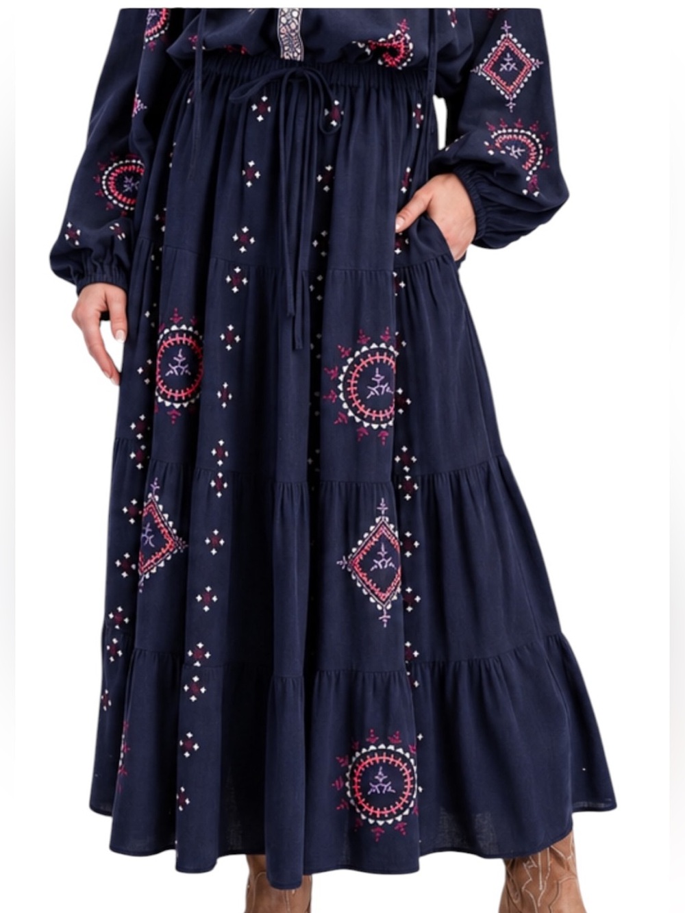 Easel Embroidered Cotton Navy Blue Boho Western Aztec Tunic Maxi Skirt